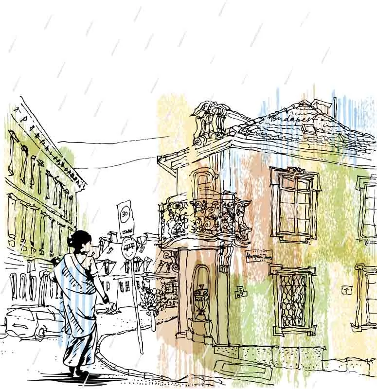 Bassano del Grappa, Italy. Panoramic view, waterfront. Italian historic buildings in old town. Retro style postcard, poster template or calendar illustration