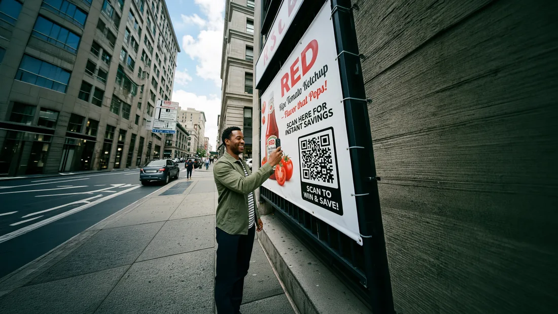 AI-generated lifestyle photo of a man scanning a QR code on a street poster for a ketchup brand.