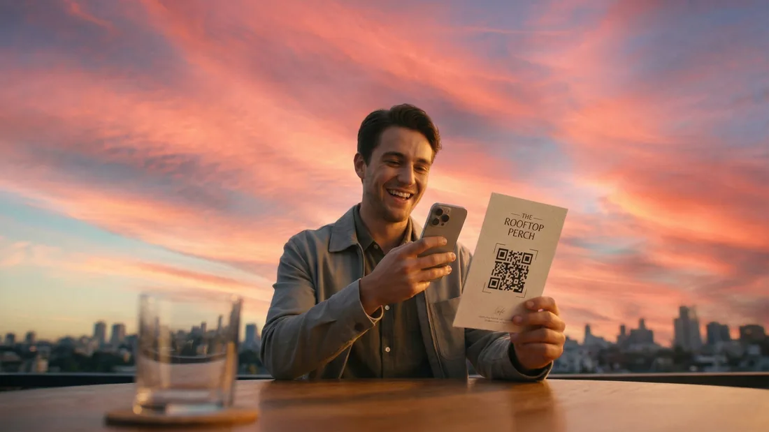 AI-generated lifestyle photo of a man scanning a QR code menu at a rooftop cafe at sunset.