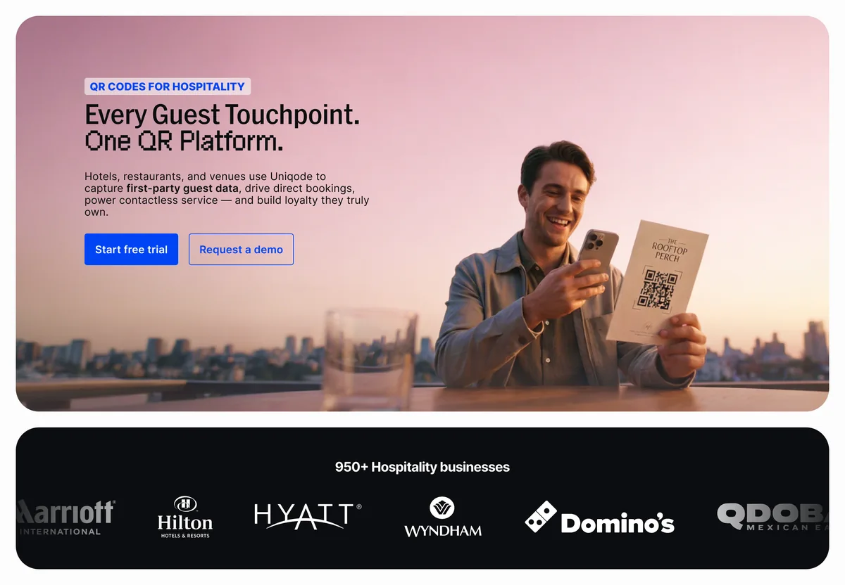 Uniqode hospitality landing page, desktop layout.