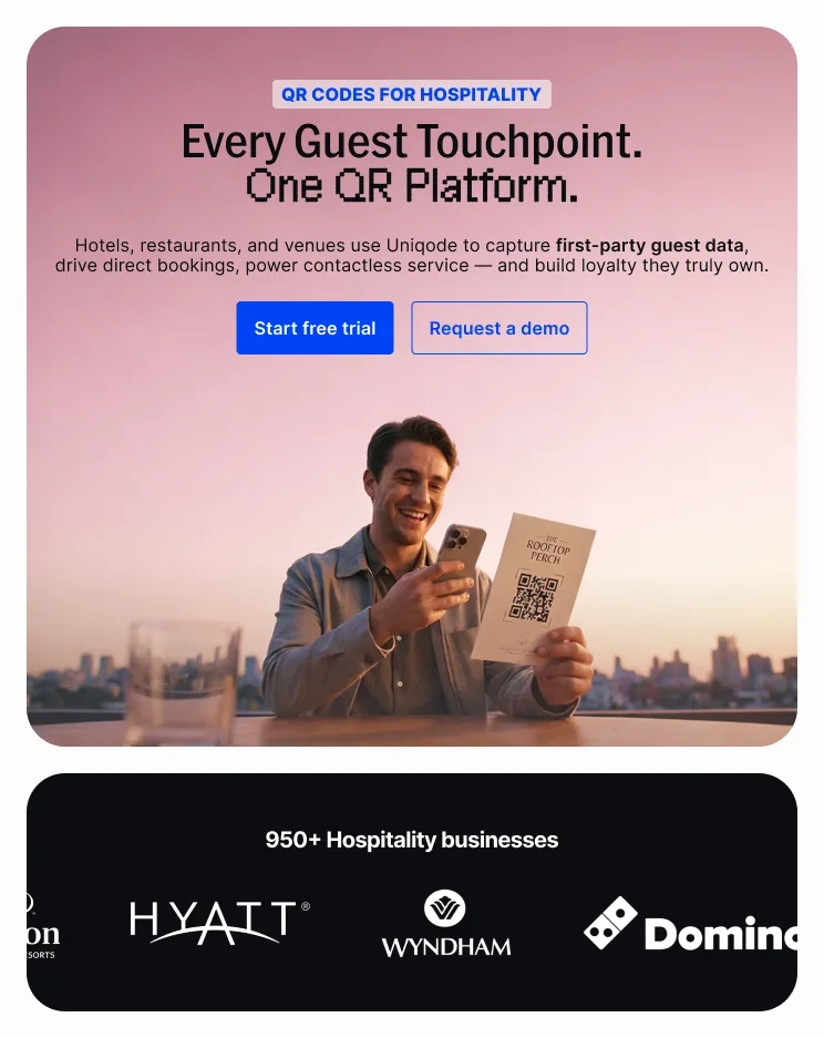 Uniqode hospitality landing page, tablet layout.