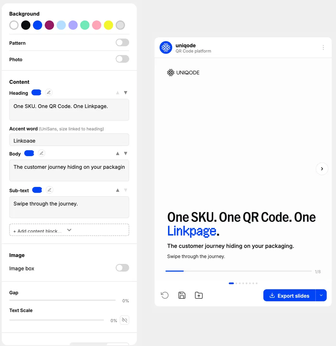 Carousel Builder editor: left panel with locked color palette, content blocks, and image controls; live Instagram-style preview on the right showing the hero slide.