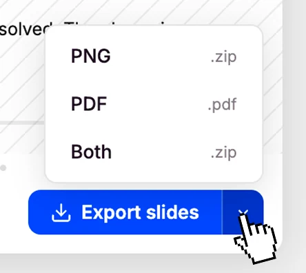 Export dropdown offering PNG as a .zip, PDF as a .pdf, or Both, beside a blue Export slides button.