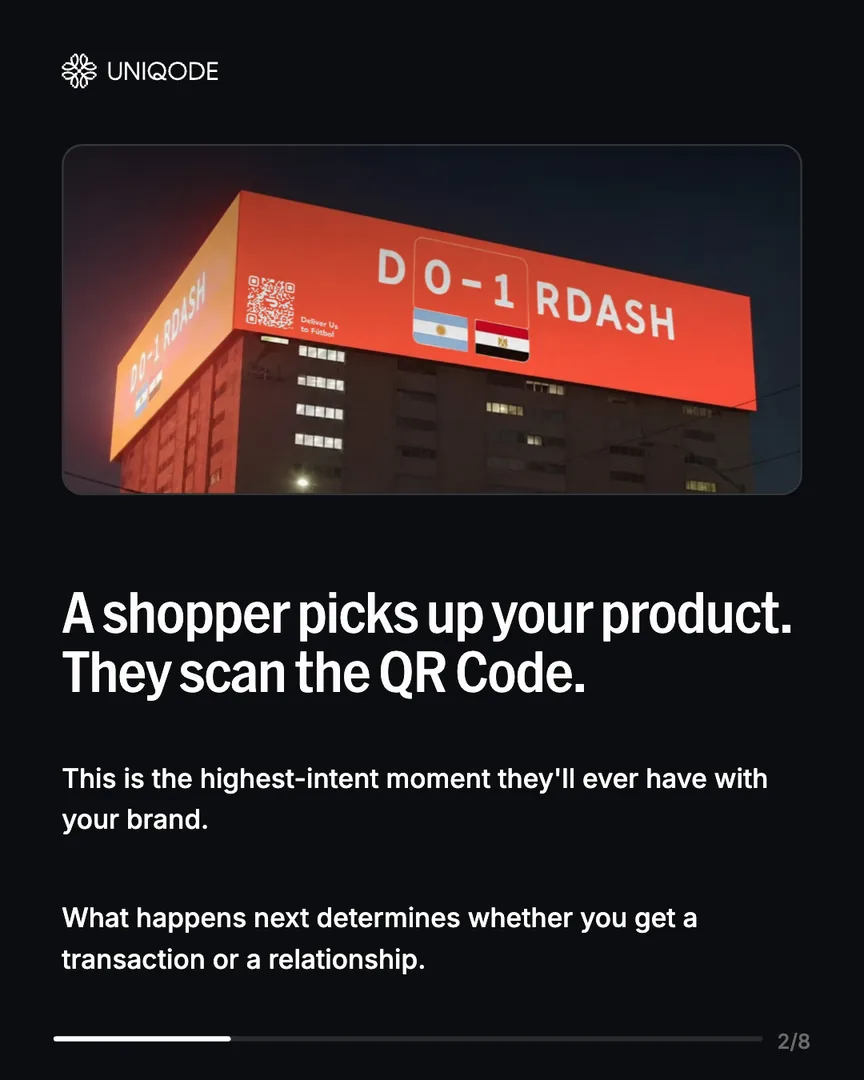 Slide 2: black slide over a billboard photo, A shopper picks up your product. They scan the QR Code.