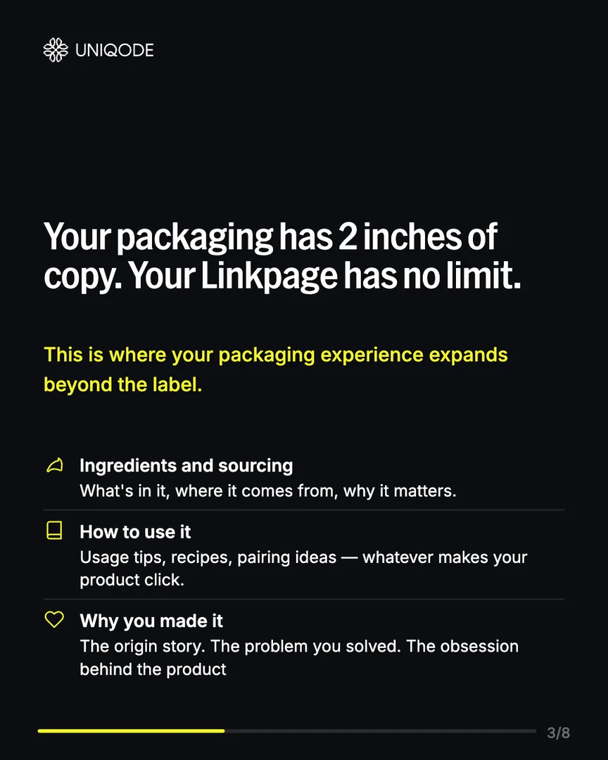 Slide 3: black slide, Your packaging has 2 inches of copy. Your Linkpage has no limit, with an icon list.