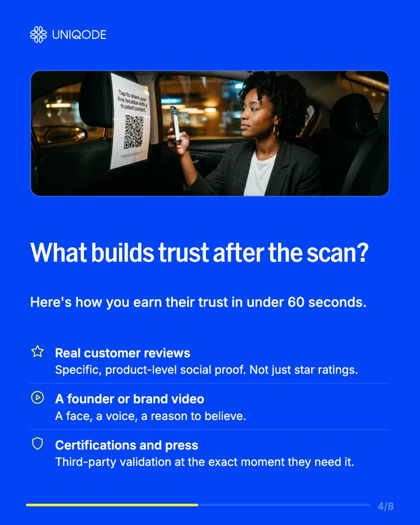 Slide 4: blue slide over a photo of someone scanning a code, What builds trust after the scan?