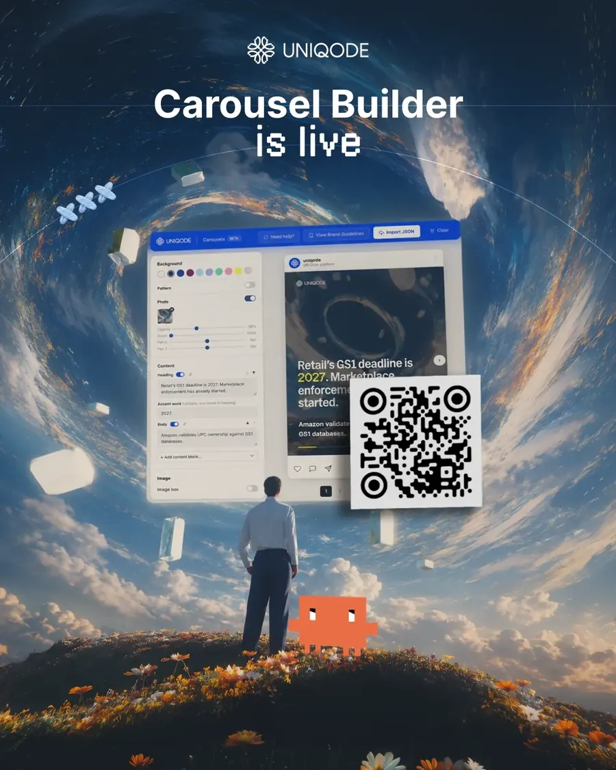 The Carousel Builder launch poster: a 'Carousel Builder is live' headline over a surreal sky, the tool's editor interface with a rendered slide, a scannable QR code, and the live app URL.
