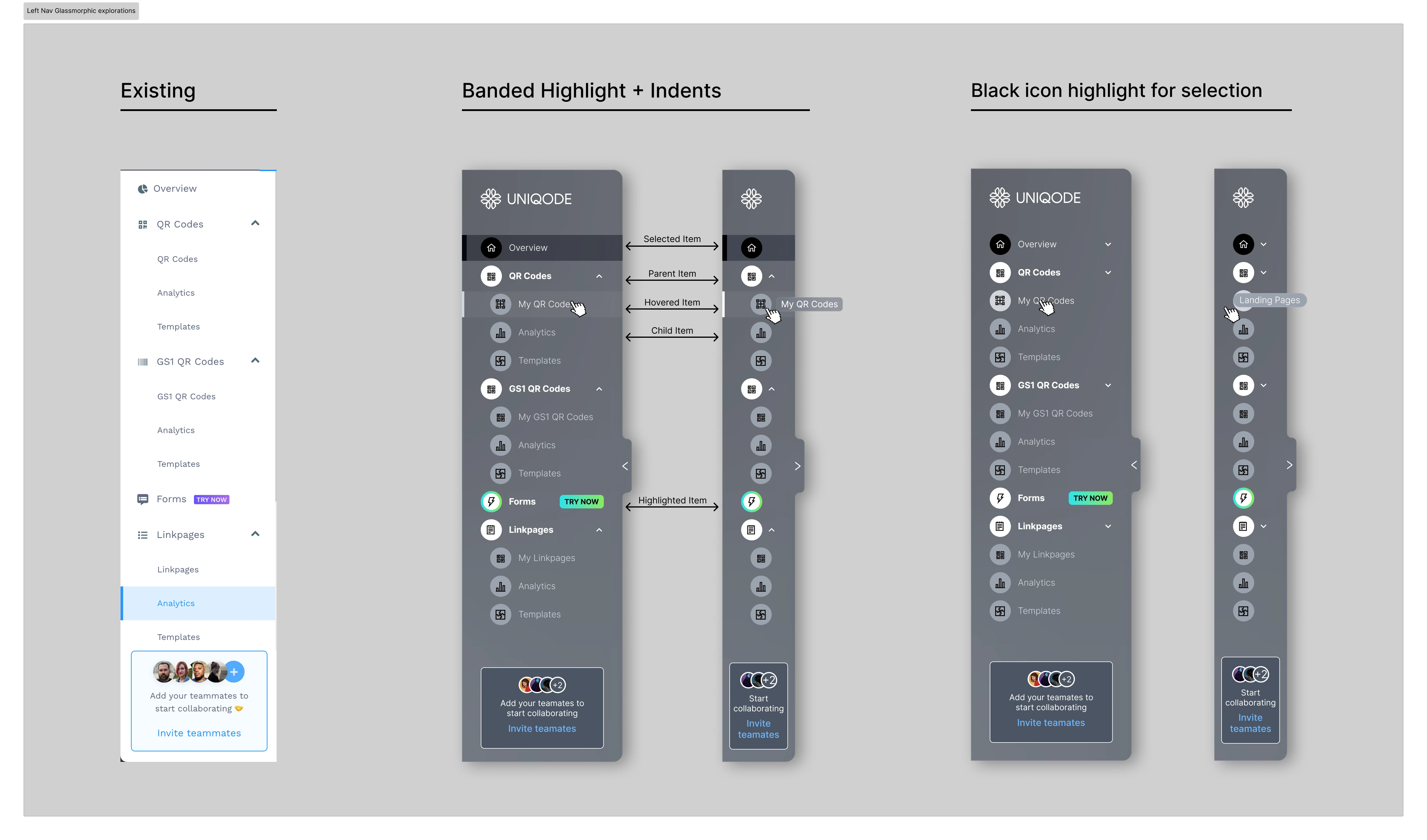 Left nav glassmorphic exploration, existing vs two dark variants