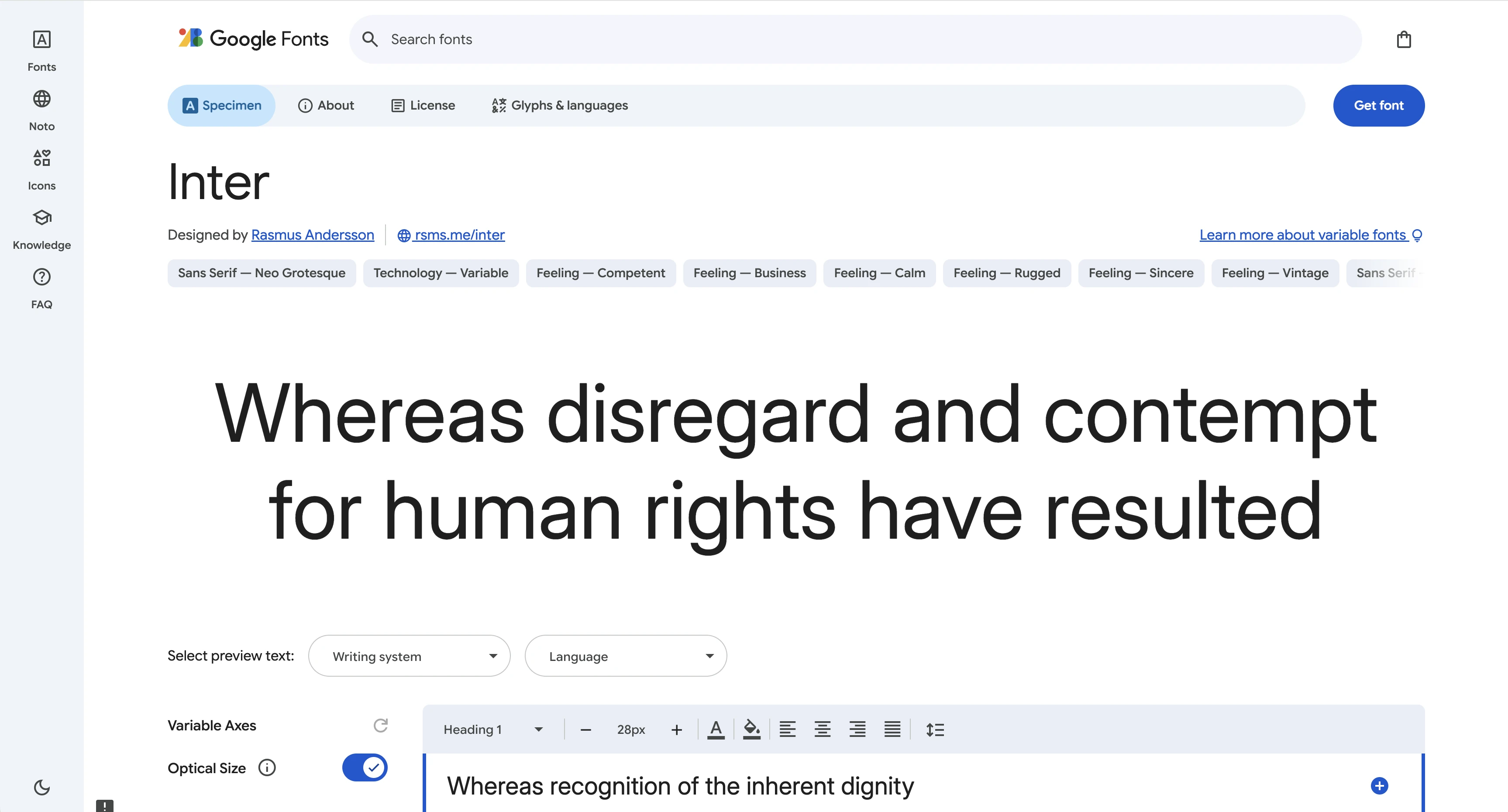 Inter font specimen on Google Fonts