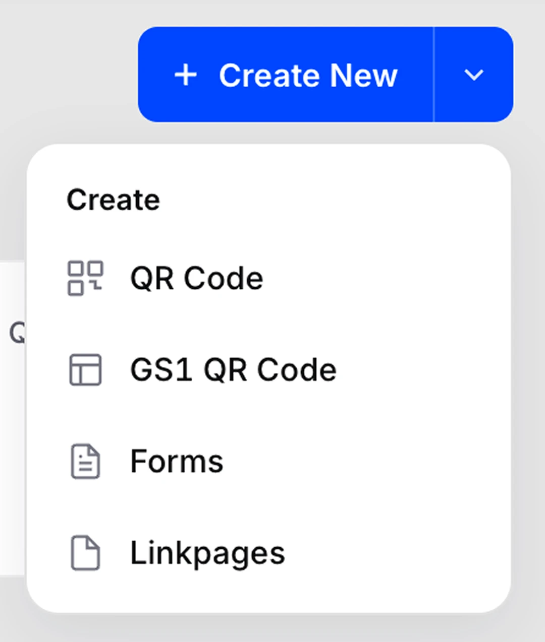 The split-button Create New dropdown