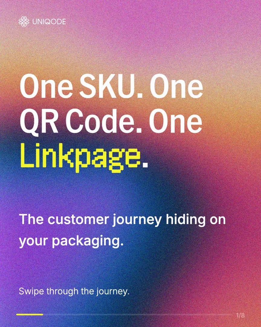 Slide 1: gradient hero reading One SKU. One QR Code. One Linkpage.