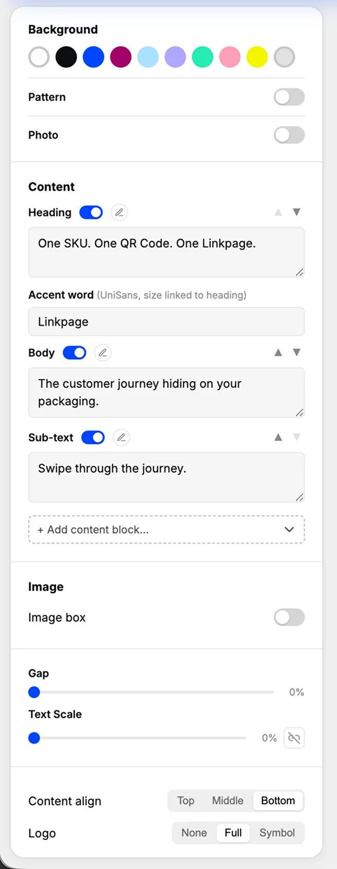 The Carousel Builder control panel: locked 10-color background palette, pattern and photo toggles, text sections for heading, accent word, body and sub-text with show/hide and reorder controls, an image box toggle, gap and text-scale sliders, text alignment, and logo options.