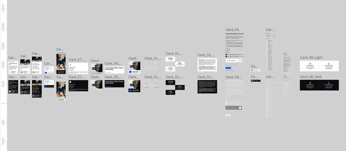 Figma board showing every card on the marketing site catalogued into 38 designs across two looks.