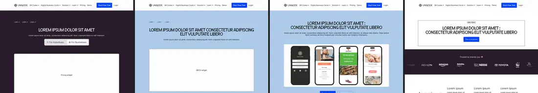 Four hero sections from the old site's page templates: a dark purple nav and hero, a light blue hero with phone mockups, a centered light blue hero, and a white hero with a logo bar, each with a completely different navbar, color, and layout.