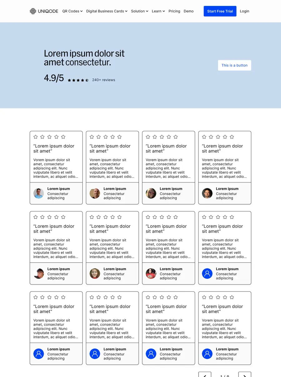 Figma design mockup of a reviews page: light blue hero with placeholder Lorem ipsum heading and a 4.9/5 rating, followed by a grid of Lorem-ipsum review cards with star ratings and reviewer avatars.