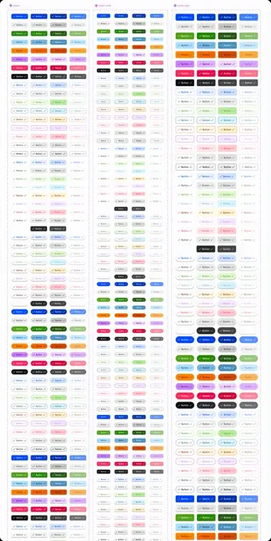 Uniqode's existing product button system: three packed grids (button, button-small, button-large) each with dozens of color options.