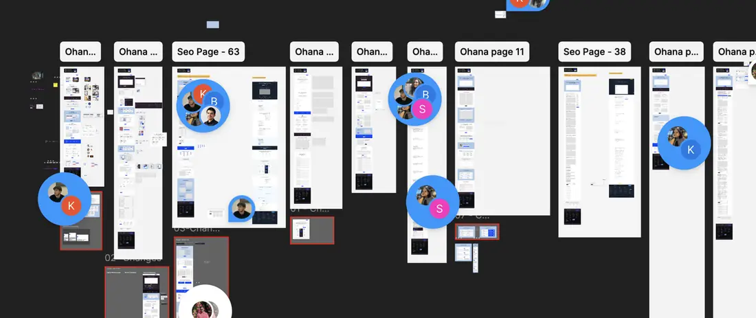 A wide Figma canvas showing dozens of full-page mockups side by side, many overlapped with reviewer avatar bubbles and comment threads from multiple reviewers.