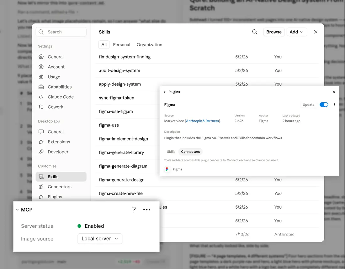 Claude Code skills list alongside the Figma plugin connection that let Claude read how the Figma file was built.