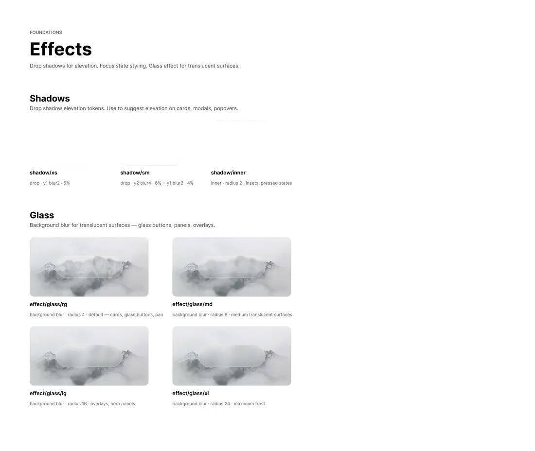 Figma effects board showing shadow elevation styles and glassmorphic surface styles.