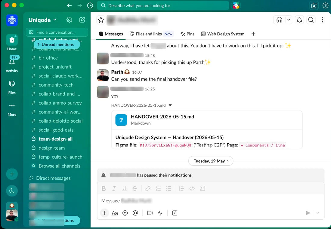 Slack conversation with a junior designer handing over the design-system handover file for shared context.