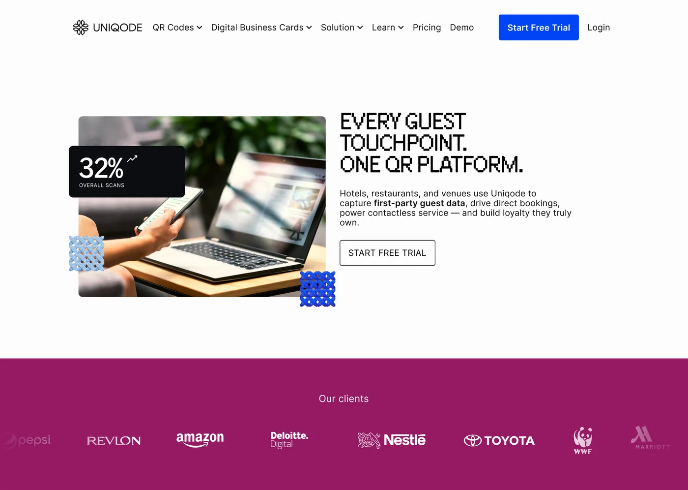 The old hospitality landing page: pixel-font headline 'Every guest touchpoint. One QR platform,' a photo of someone using a laptop and phone with a 32% overall scans stat callout, and a dark magenta trusted-by-brands bar.