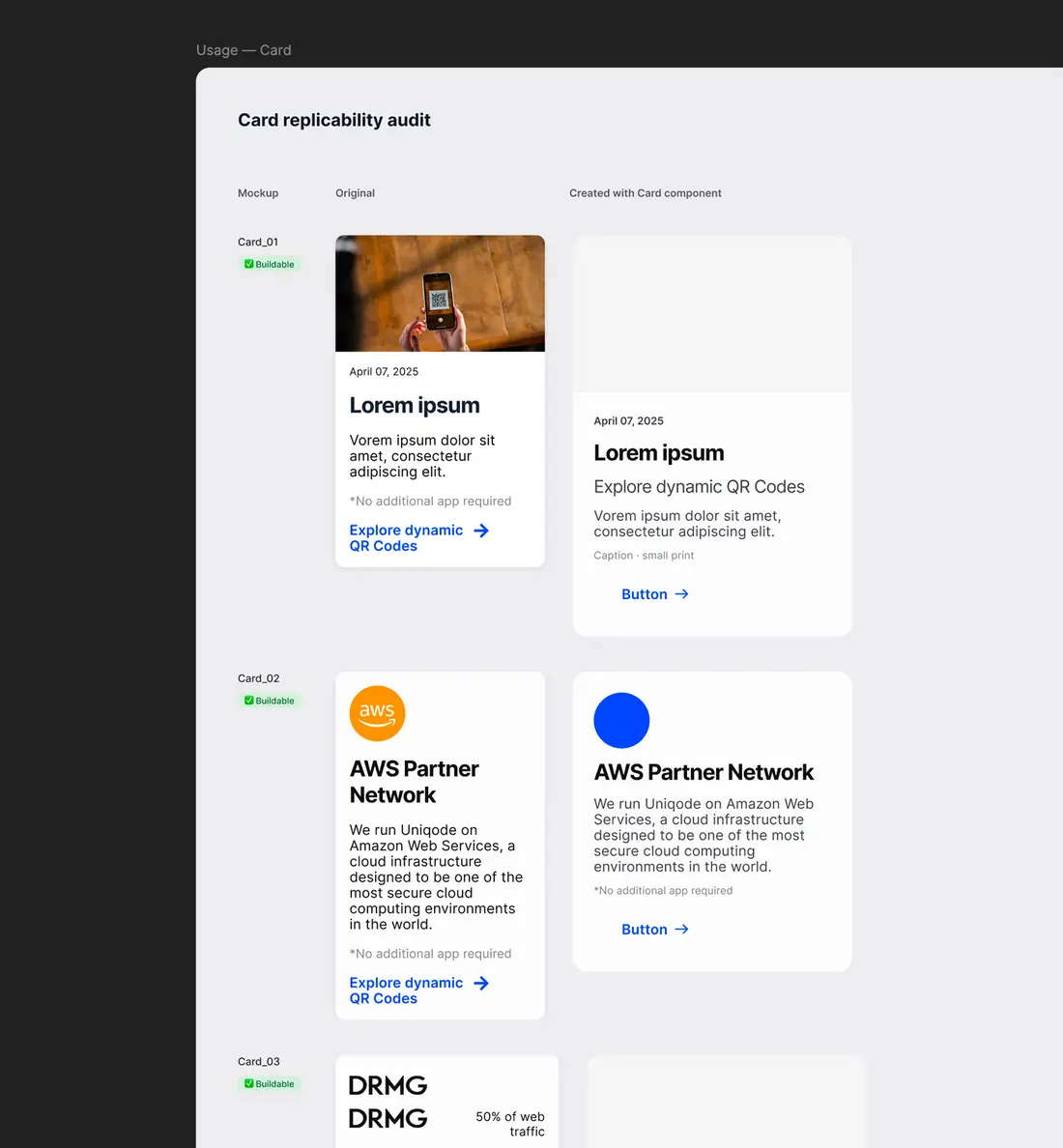 Card matching check in Figma: each original card on the left sits beside the same card rebuilt with the new card design on the right, proving one-to-one coverage.