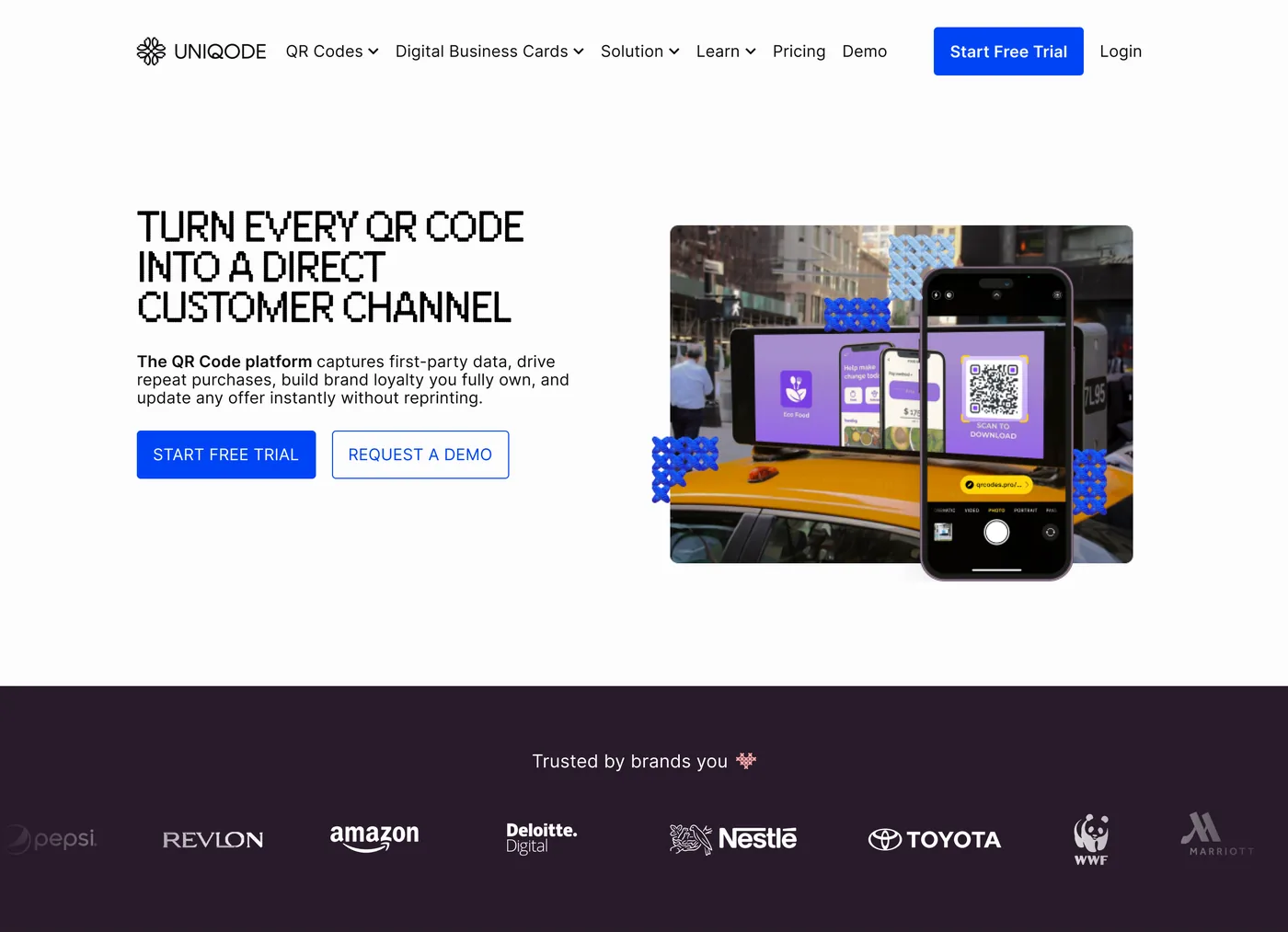 The old Uniqode CPG page: pixel-font headline 'Turn every QR code into a direct customer channel,' a street photo of a taxi with phone-screen mockups of the product, and a dark purple trusted-by-brands bar.